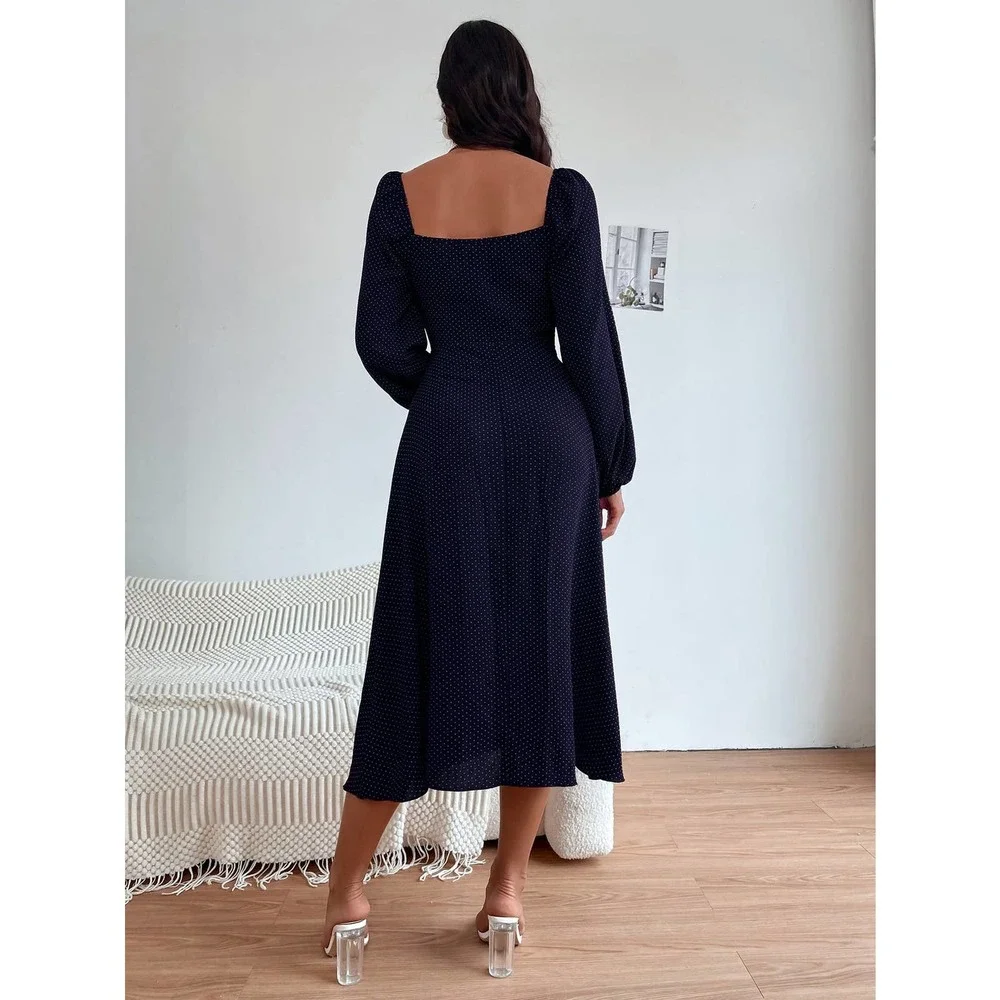 Polka Dot Print Knot Front Lantern long sleeve midi Dress rust brown - Picture 6 of 8